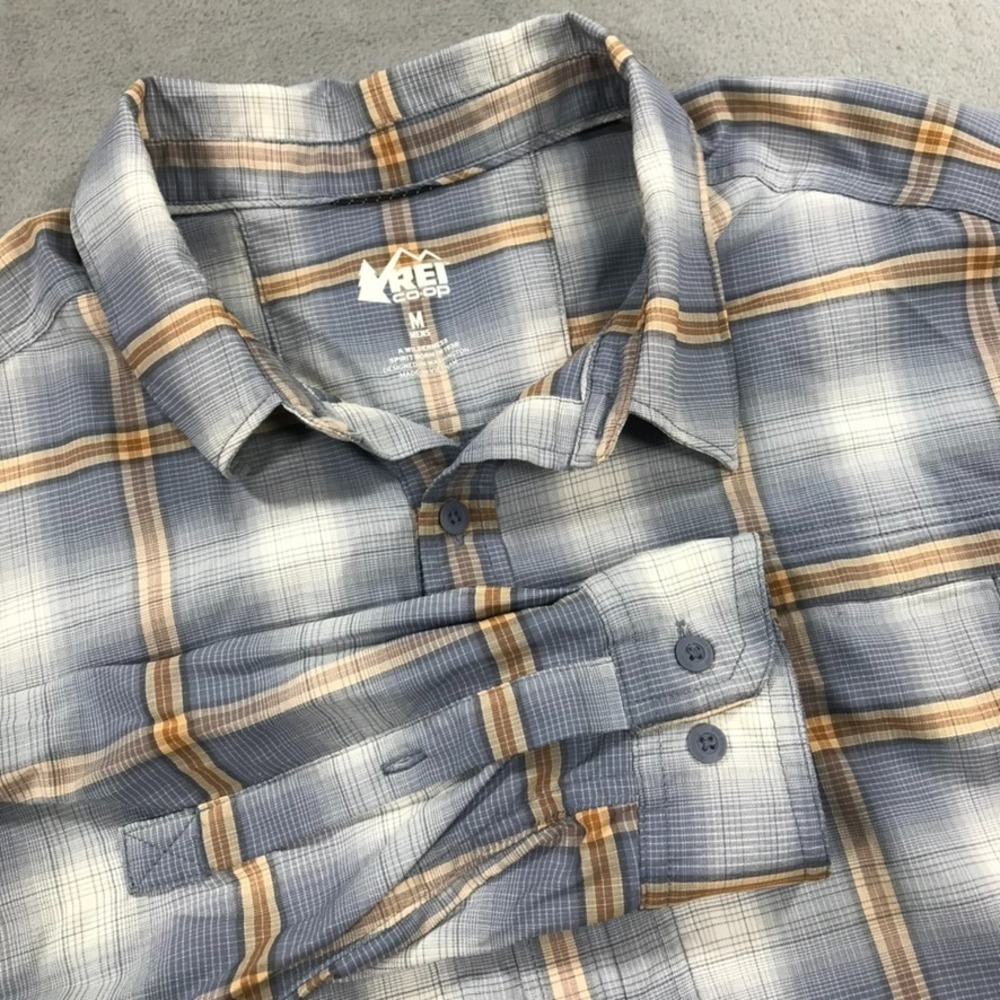 REI Co-op Shirt Men's Medium Blue Plaid Vented Nylon Button Up Outdoors Hiking